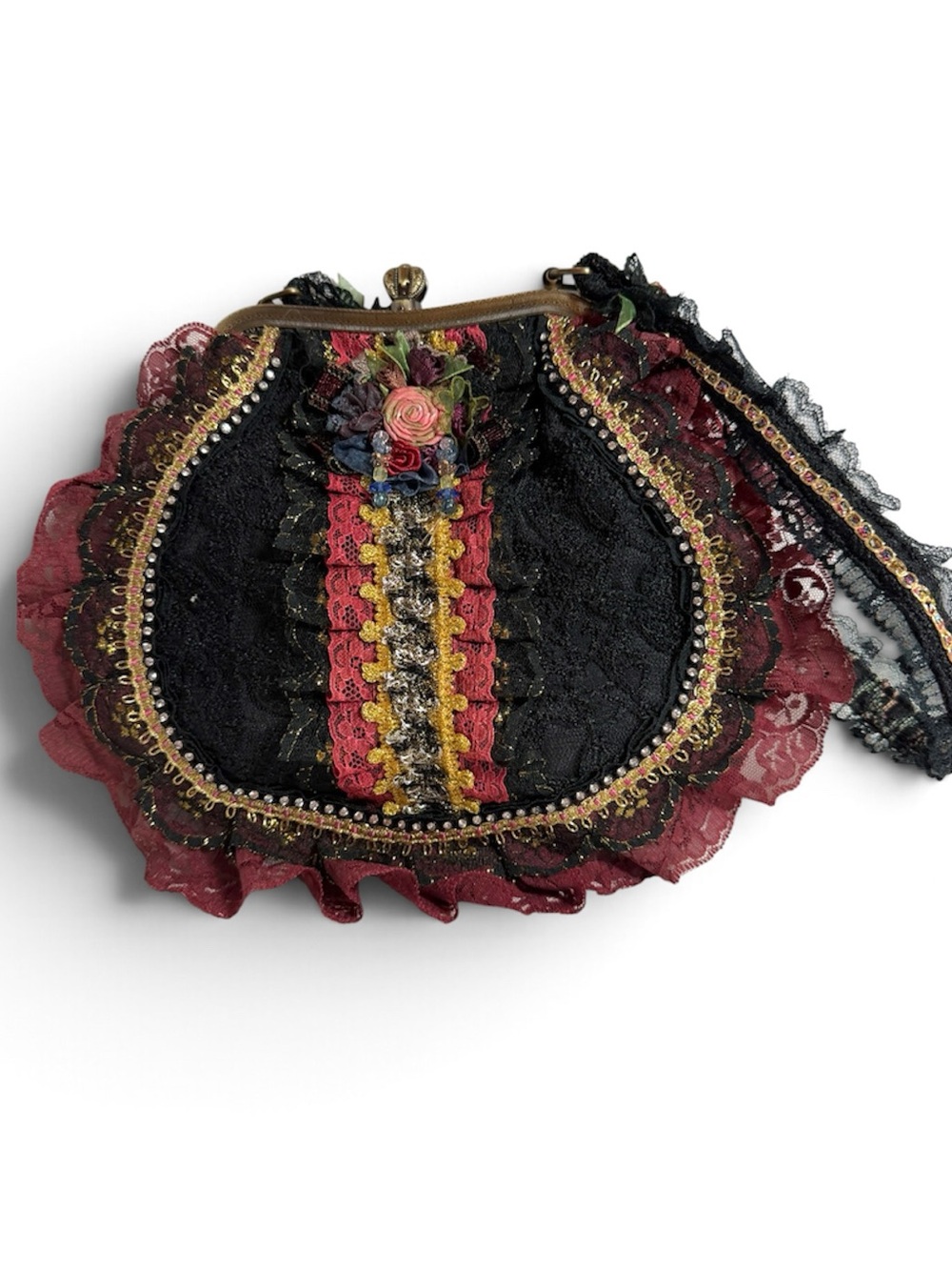 Victorian-Inspired Black and Burgundy Lace Wristlet Clutch with Floral Trim